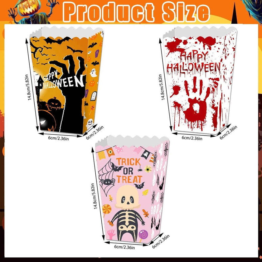 12Pcs Halloween Popcorn Box 3 Style Trick Or Treating Snack Treat Box Bloodstain Ghost Castle Bat Pattern Candy Cookie Container For Halloween Party Supplies