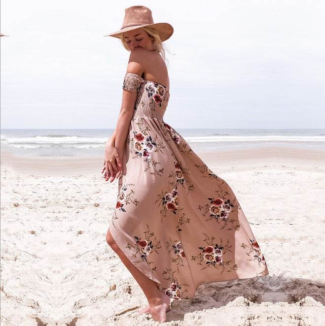 Elegant Ladies Summer Boho Vacation Resort Slit Maxi dress off shoulder Long floral Beach summer slit dress