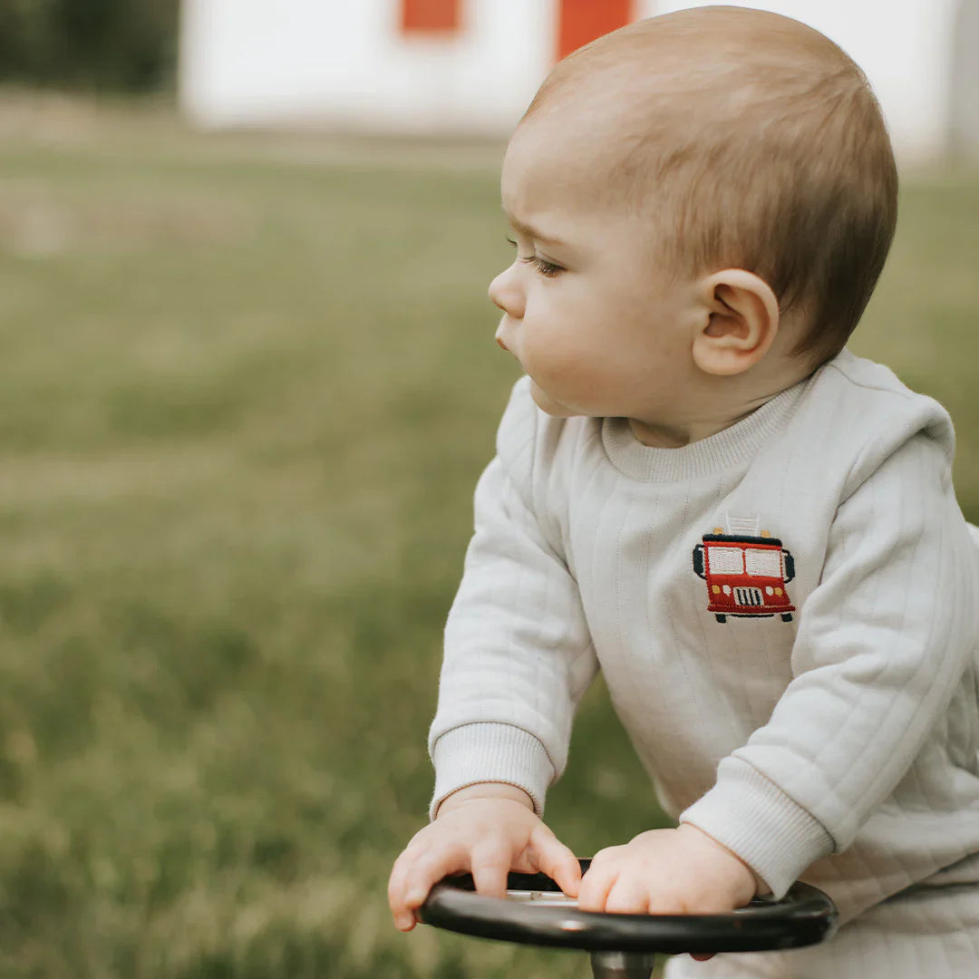 2 PC Quilted Jersey Set | Fire Truck Print on Grey | Petit Lem