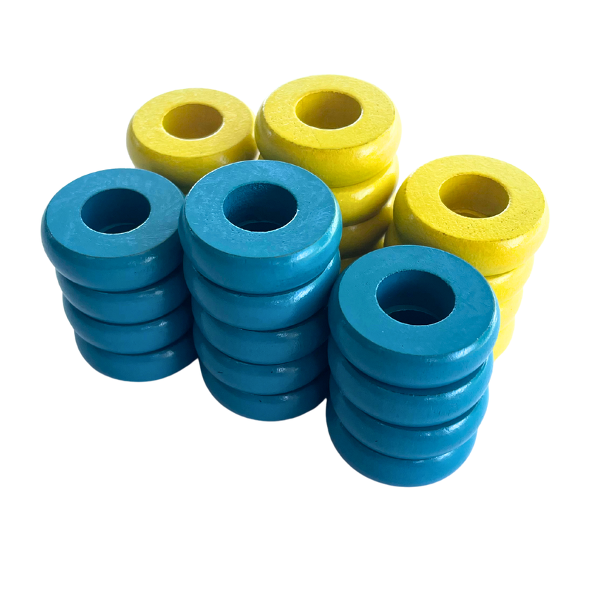 32 Yellow and Light Blue Carrom / Pichenotte Rings - (Yellow / Light Blue / Natural / Black / White) - Anneaux De Pichenottes - Game Accessories / Accessoires De Jeu