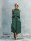 Women's 2 Piece Casual Linen Outfit Ruffle Top & Wide-Leg Pants