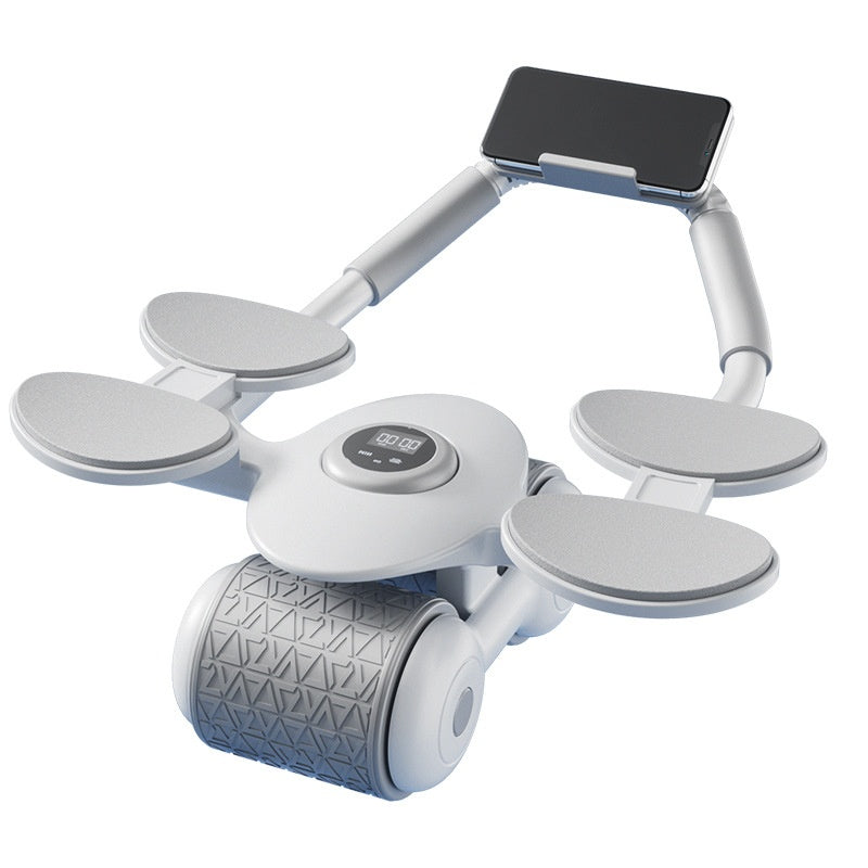 Multifunctional Ab Wheel Roller with Auto-Rebound, LCD Timer & Phone Holder – Gray