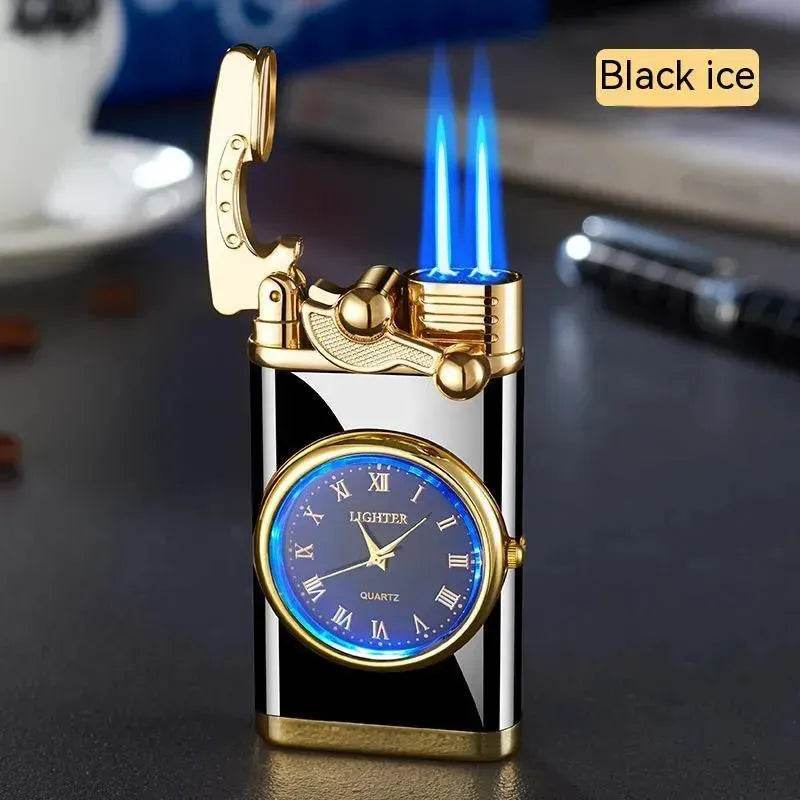 New Lighter With Electric Watch Rocker Arm Automatic Ignition Straight Blue Flame Lighter Creative Real Dial Inflatable Windproof Cigar Lighter Men's Watch Gift