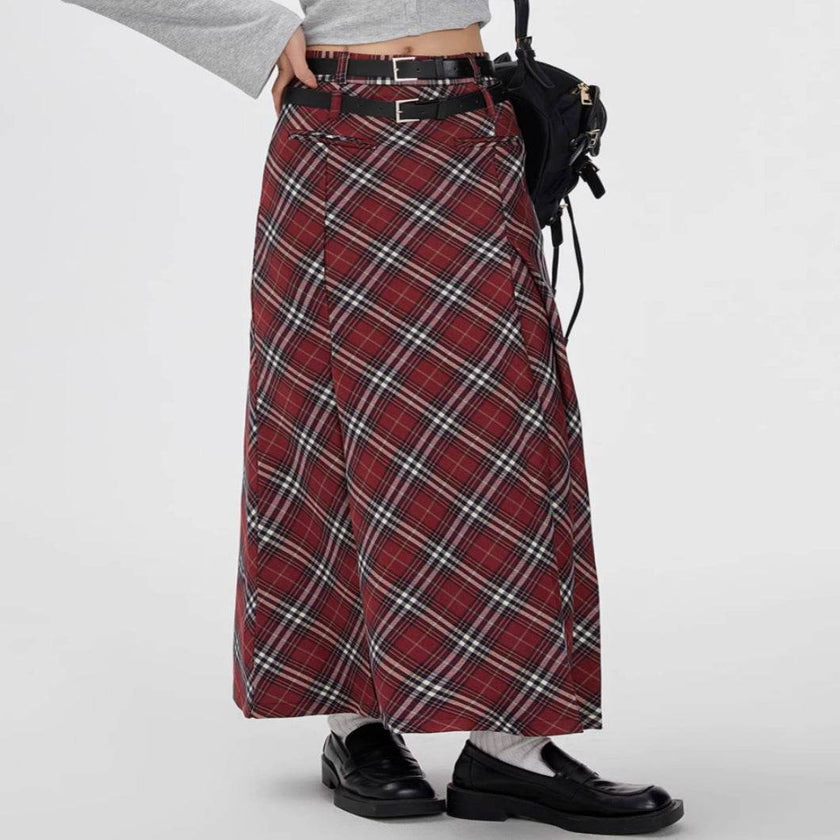 Retro Plaid High Waist student maxi Skirt