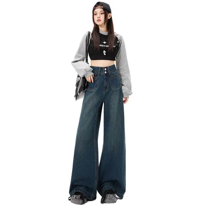 New Simple High Waist Casual Straight-leg Baggy Jeans Pant For Women