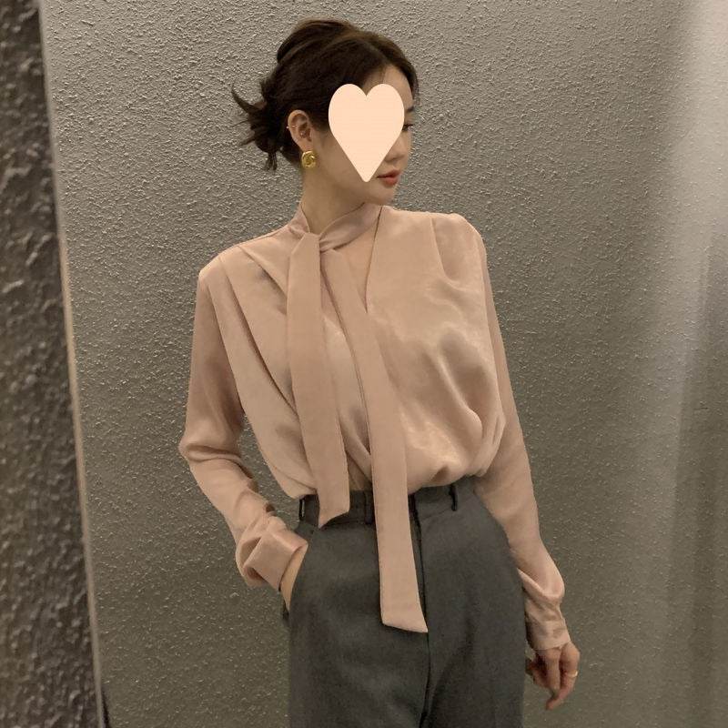 High-end Anti-wrinkle Acetate Satin pleated Blouse Shirt For Women