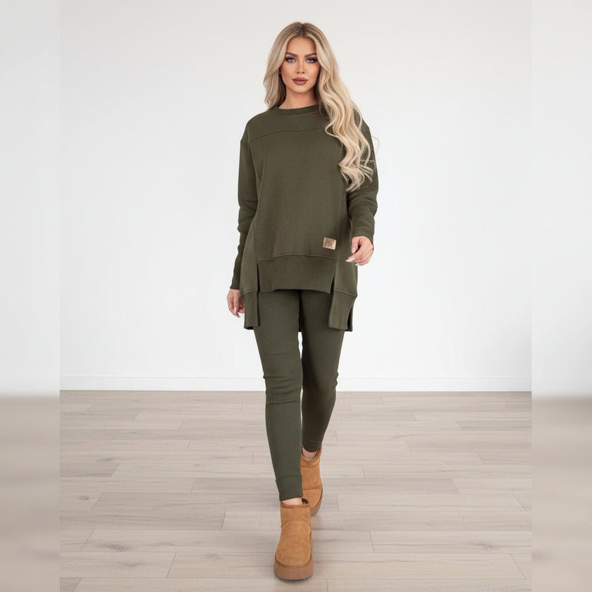 Women's Slit Long Sleeve Top & Trousers Two-Piece Set | White, Black, Army Green, Reddish Brown | S–XXXL