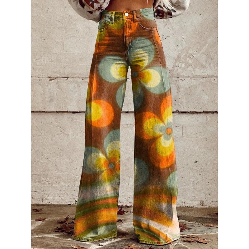Women's 3D Graphic Print Flare Pants – Plus Size Mid-Waist Wide Leg Printed Trousers