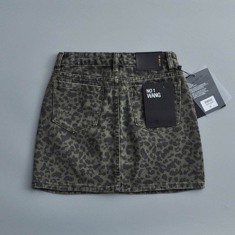 Leopard Print Mini Denim Skirt Women's High Waist Pencil Skirt