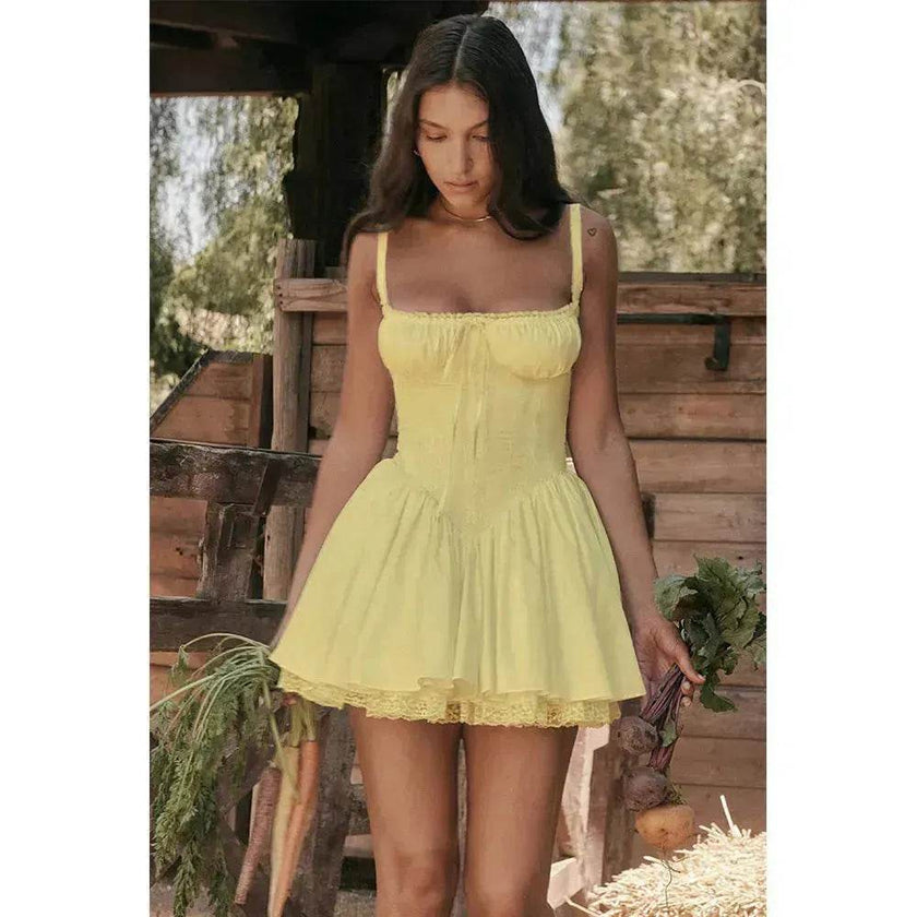 Elegant Chic Women Suspender Mini Skater Dress Summer Fashion Lace-up Slim Waist Pleated Short Dresses For Evening Party Cocktail Occasions
