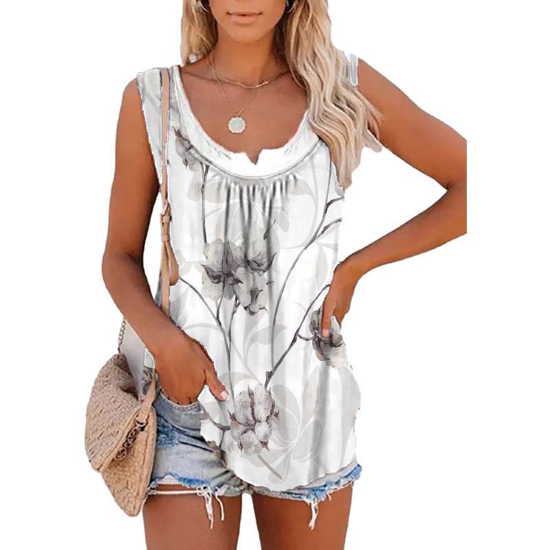 Casual Spring And Summer Tops Printed Sleeveless Pleating Vest T-shirt For Women