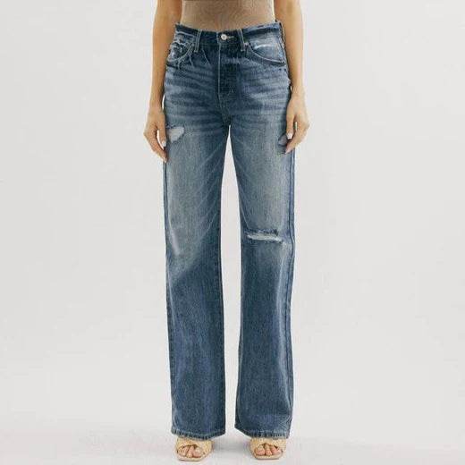 Blue Jeans Pant women Mid waist Denim Wide Leg Denim Pant