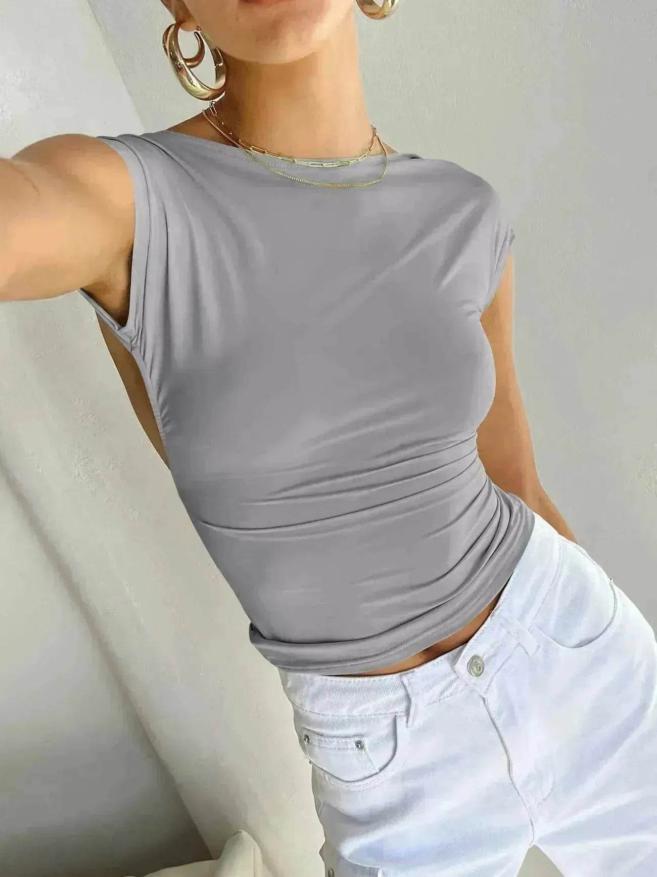 Slim Fit Backless Crop Top Summer Charming Breathable Short Sleeve  Low Back Top  Tank Top for Women