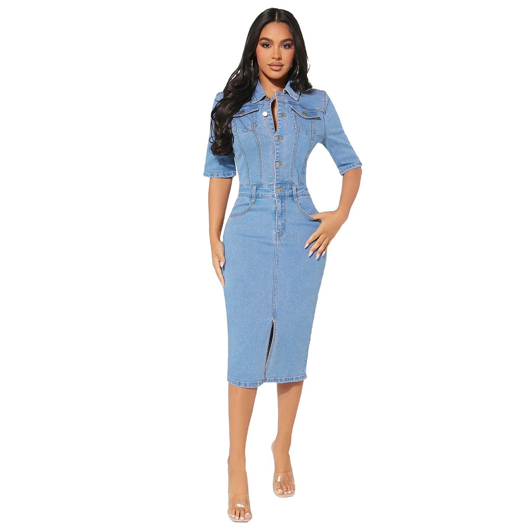 Women's Fashion Personality fitted Denim Hip-wrapped Jeans Midi straight cut front split Dress