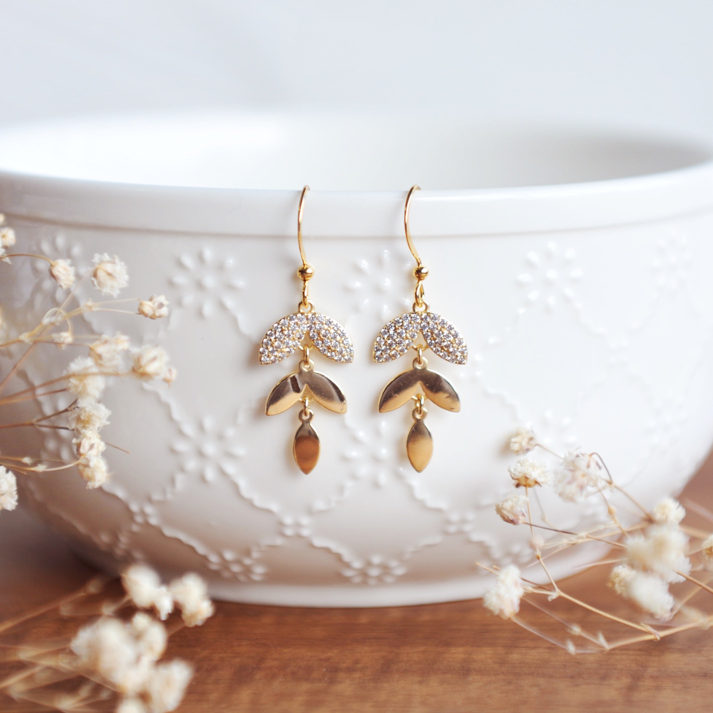 BIANCA Pretty Dangle Leaf Earrings with cubic zirconias