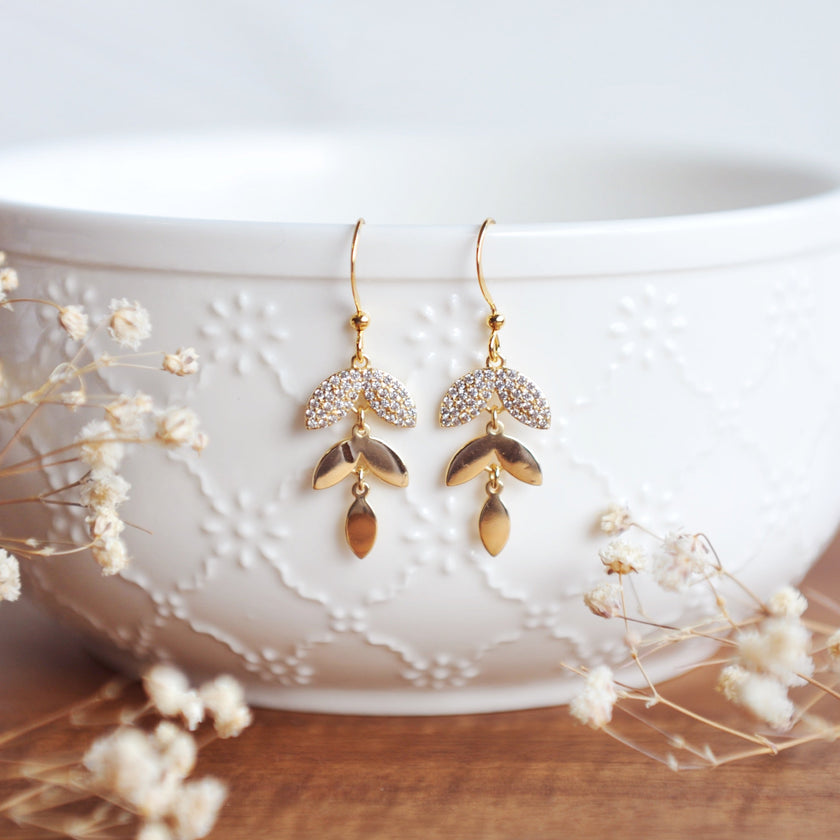BIANCA Pretty Dangle Leaf Earrings with cubic zirconias