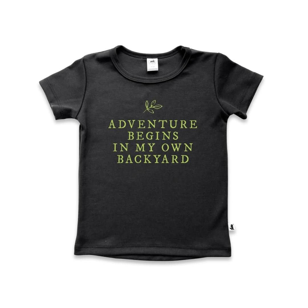 Baby/Kids Graphic Bamboo T-Shirt | Adventures Begin In My Own Backyard In Black