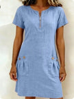 Women's Short-Sleeve Casual Dress with Pockets & Zipper – 12 Colors, S–3XL