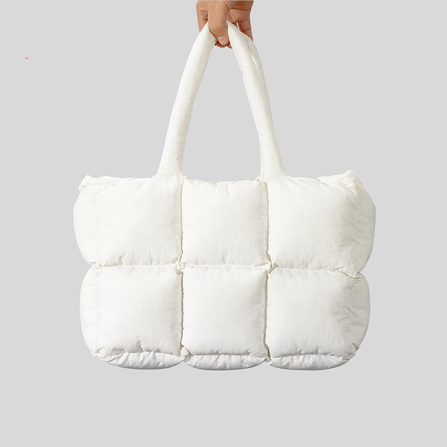 Soft Down Quilted Puffer Tote Handbag for Women – Cotton-Filled | White & Black