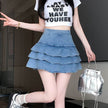 Elastic Jeans High Waist Layer  Denim short mini flare skirt