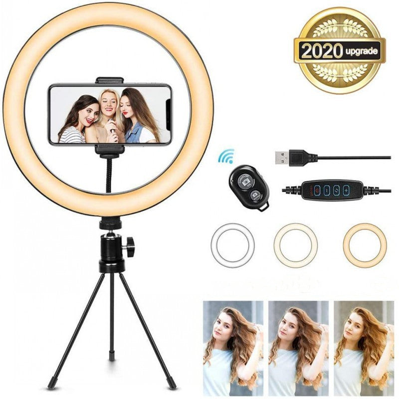 10-inch LED Ring Light, 120 LEDs, 2900-6500K, USB Powered, Phone Holder and Tripod Options
