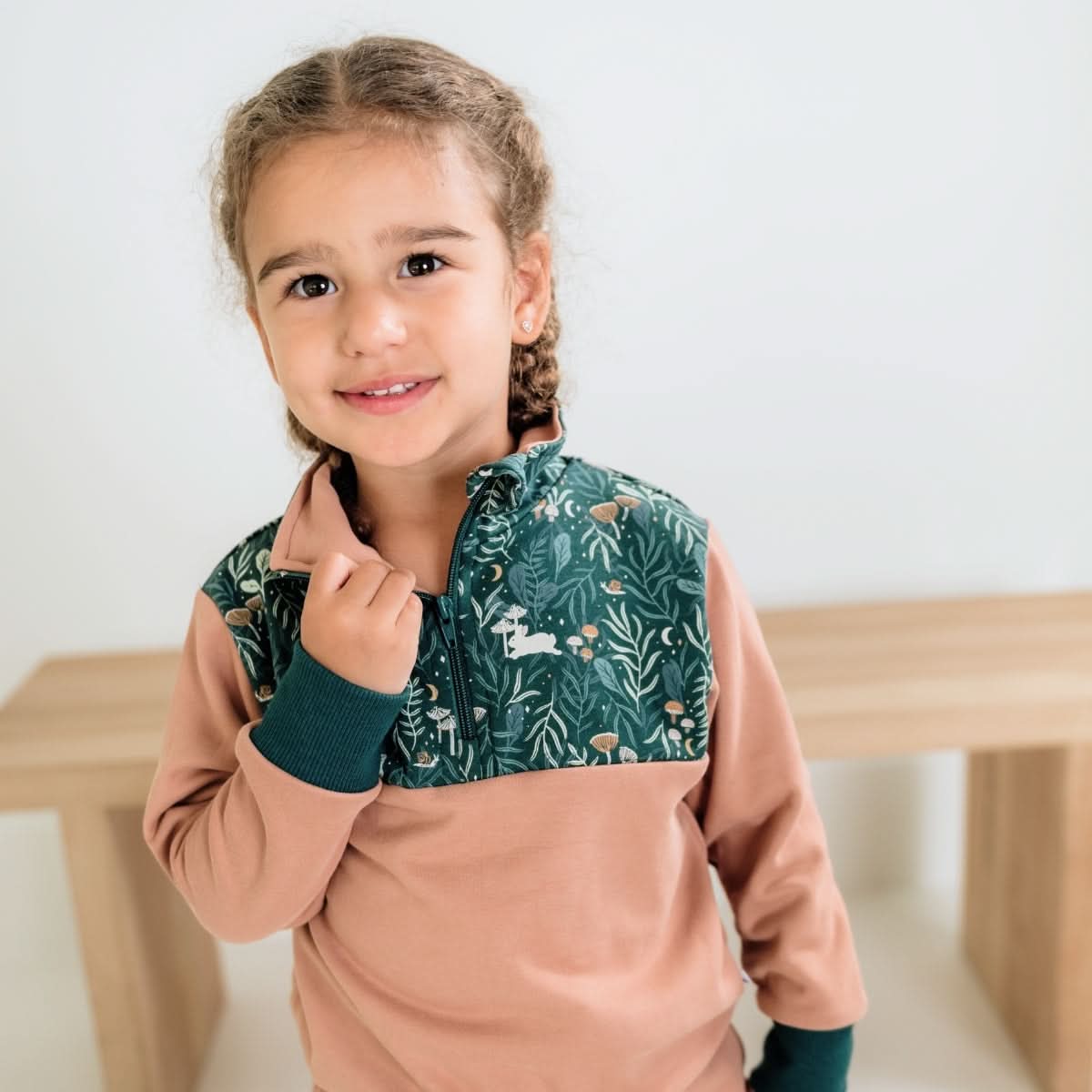 Kids' Bamboo Fleece Half-Zip | Sage With Outer Space