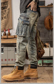 Sprin Autumn Retro Slim Fit Straight Leg Casual Distressed Denim Jeans Cargo Pant Men