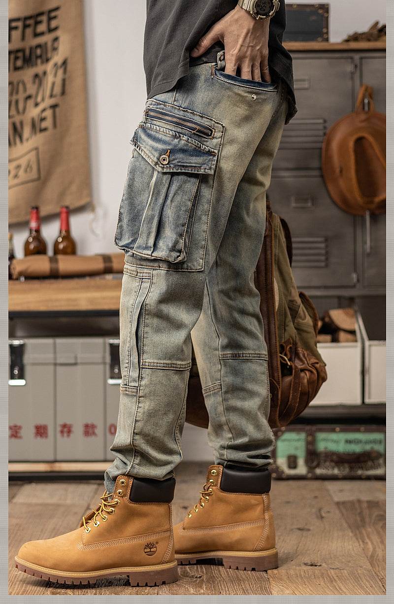 Sprin Autumn Retro Slim Fit Straight Leg Casual Distressed Denim Jeans Cargo Pant Men