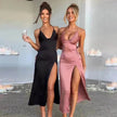 Spaghetti Strap Dress With Split Design Deep V-neck Sleeveless Backless Bodycon Satin  Evening Party Wedding Cocktail Dresses For Womens Clothing