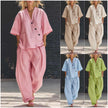 Women's Cotton Linen 2 Piece Outfit V-Neck Top & High-Waist Trousers