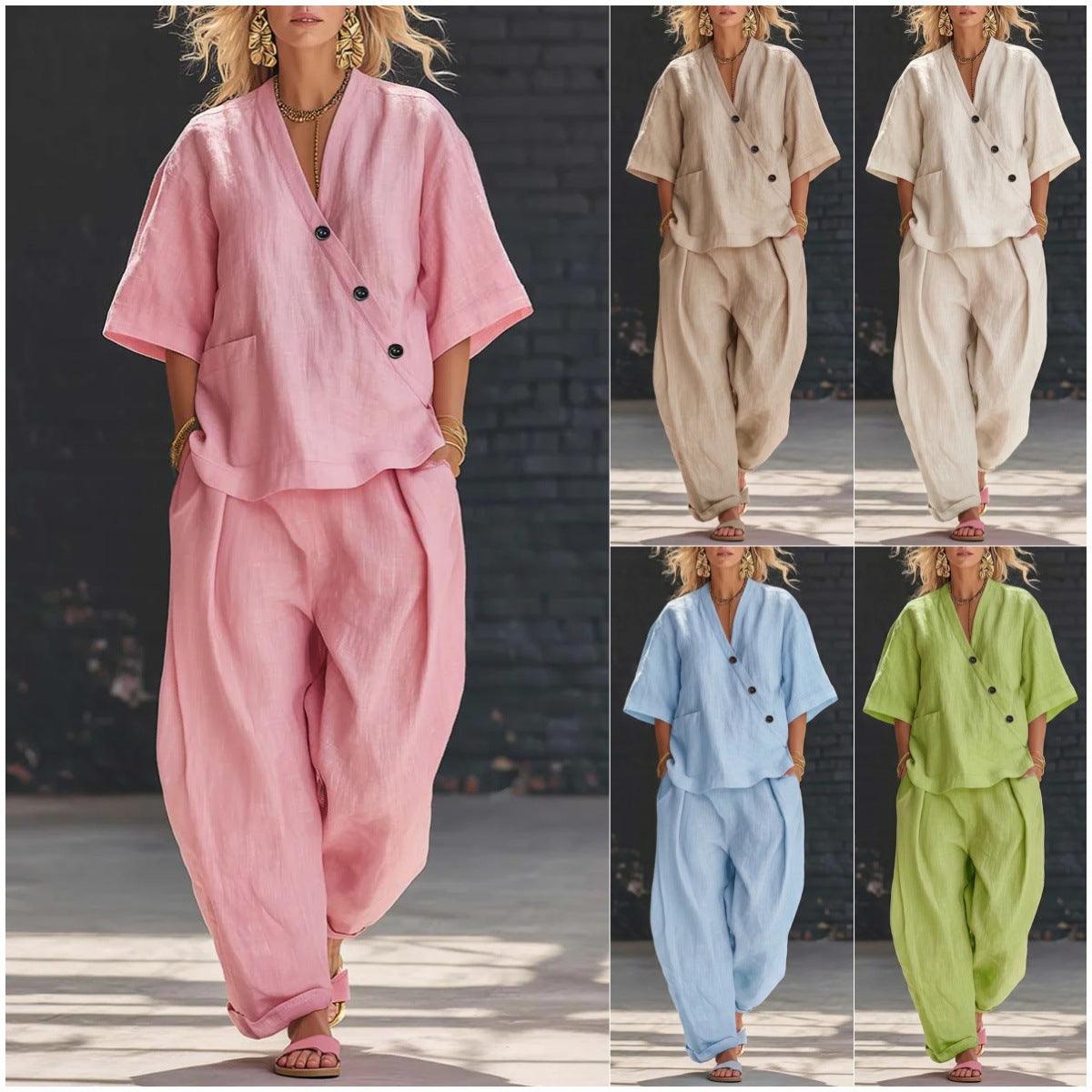 Women's Cotton Linen 2 Piece Outfit V-Neck Top & High-Waist Trousers
