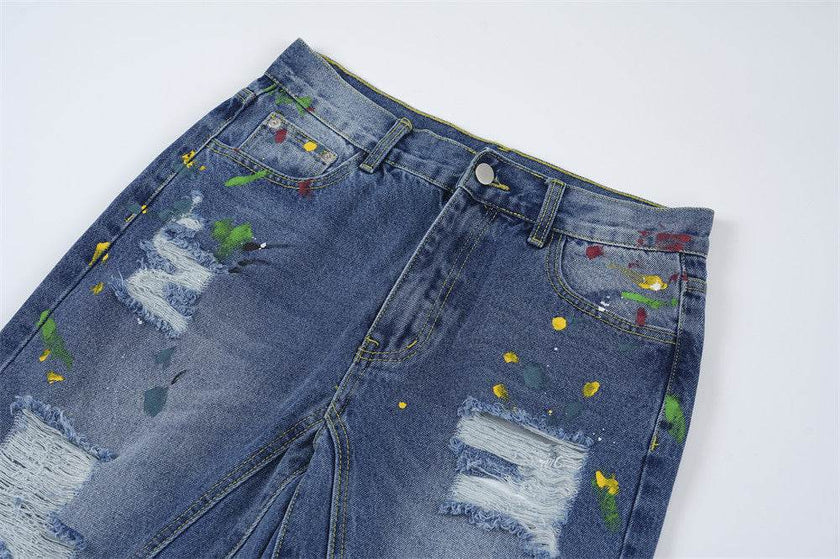 Ripped Paint Wide-leg Denim Trousers For Men Jeans