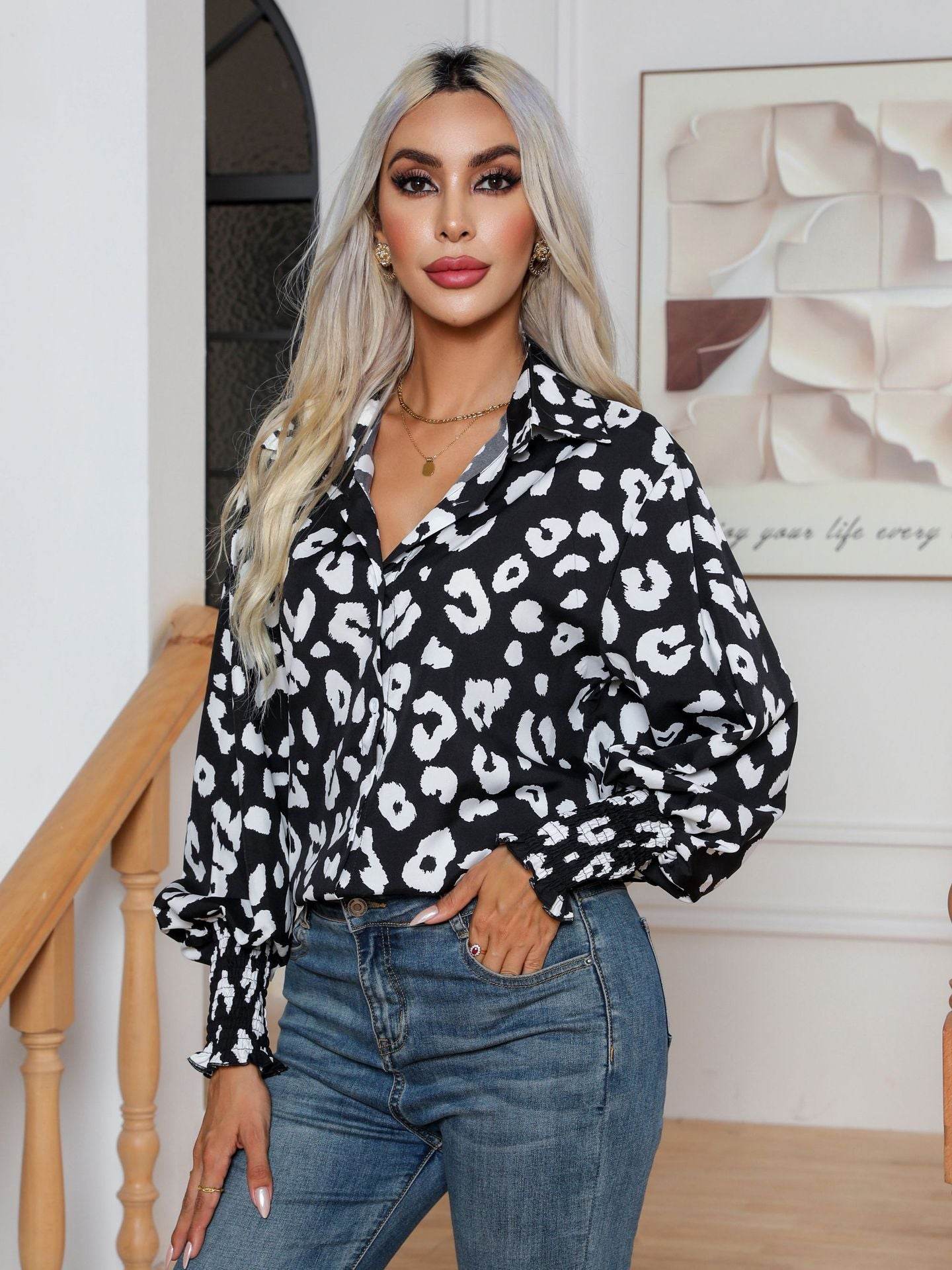 Leopard Print Lantern Sleeve Blouse Shirt top for Women