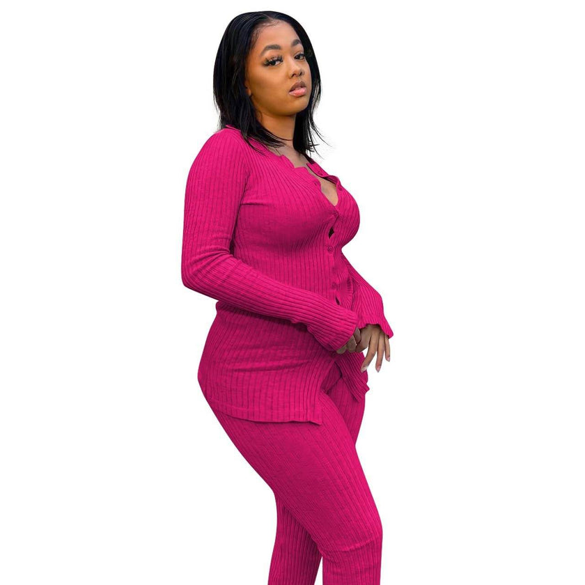 New Fashion Women Casual Slim fit Long sleeve Button down Athleisure wear 2pcs Outfit set