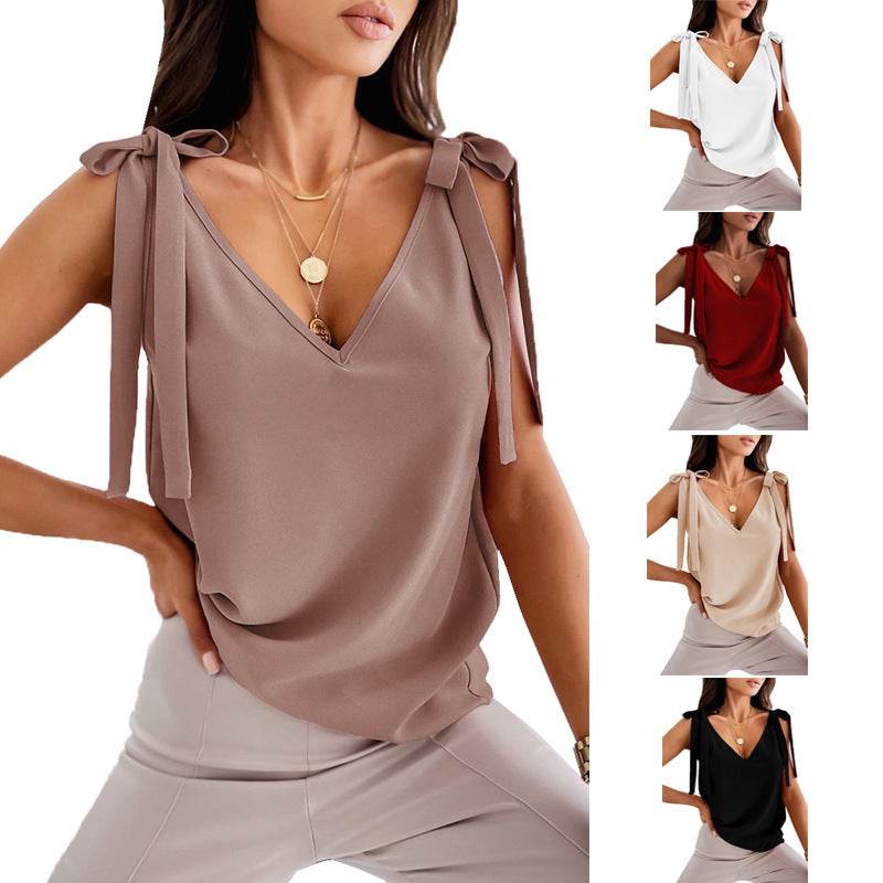 Bowknot Tie Up V-neck top Women Summer Sleeveless Blouse Tops