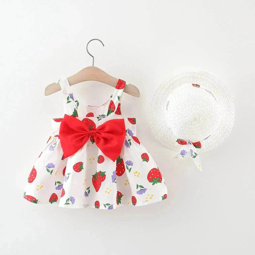 Baby Girl Floral Princess Dress with Matching Hat – Cotton Suspender Sundress for Toddlers