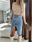 Fashion Solid Front Split Midi Denim Skirt