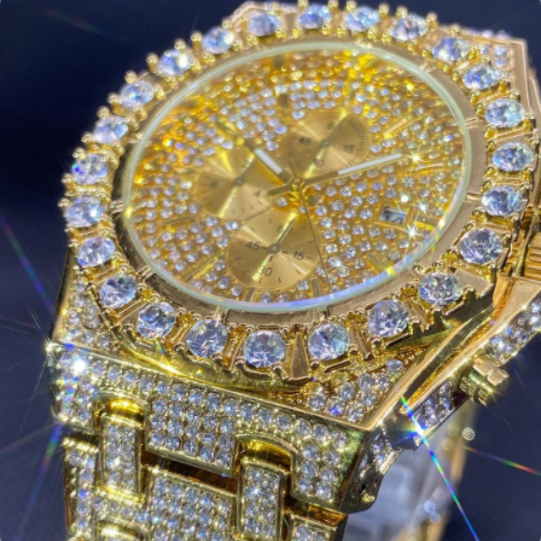 Men's Iced Out Diamond Rhinestone Watch – Luxury Hip Hop Quartz Wristwatch