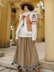 Corduroy Ethnic Style Fur Ball Stitching Brown High Waist Tassel Versatile Maxi Skirt