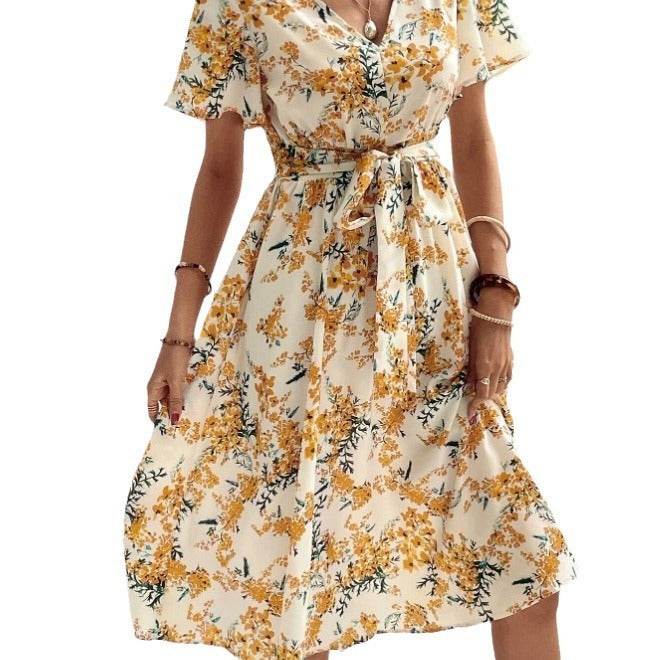 Women Bohemian Spring Short sleeve Casual flowy V-neck Tie belt Floral Summer Midi Dress