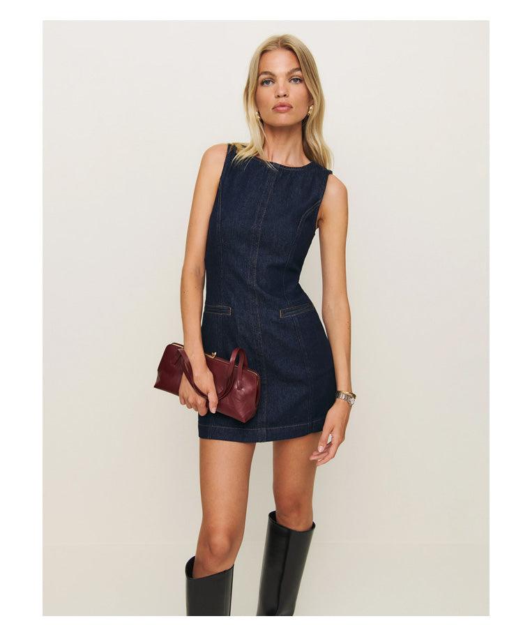 French-Style Slim Fit Denim Midi Dress – Sleeveless Round Neck Cotton Denim Dress