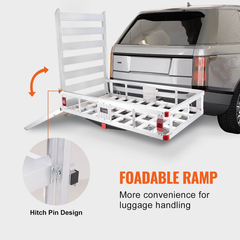 Hitch Cargo Carrier, 500lbs Capacity Trailer Hitch Mounted Cargo Basket, Aluminum Luggage Carrier Rack With Folding Ramp, Fits 2 Hitch Receiver For SUV Truck Pickup Camping