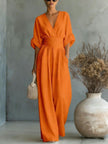 Women's Wide-Leg Jumpsuit High Waist Pleated Three-Quarter Sleeve Elegant Workwear