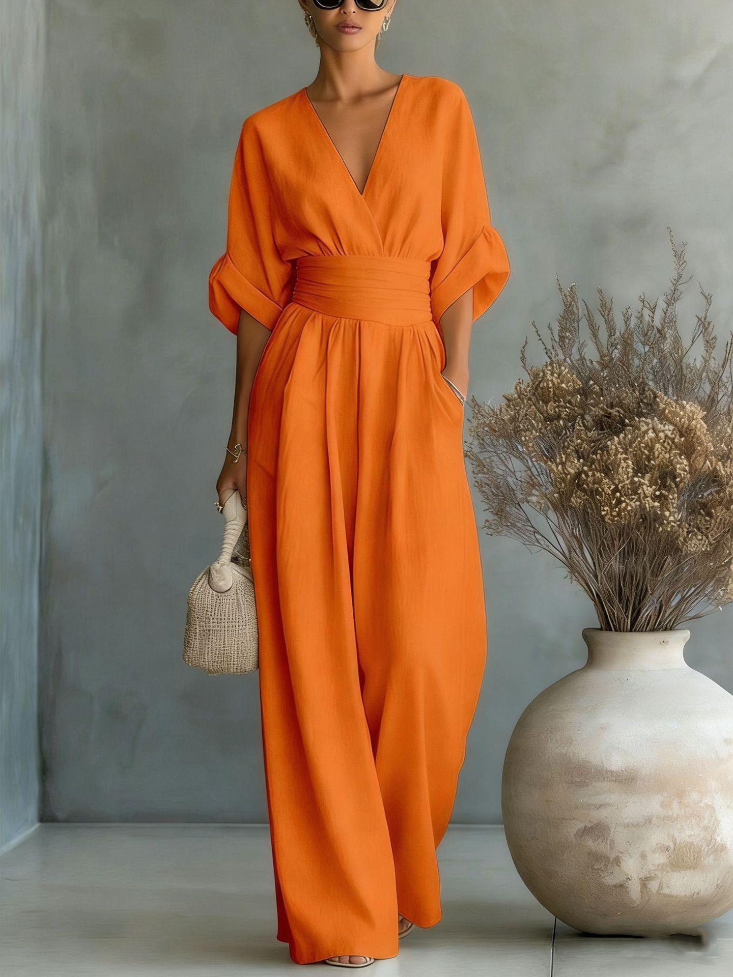 Women's Wide-Leg Jumpsuit High Waist Pleated Three-Quarter Sleeve Elegant Workwear