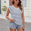 Fashion Stripe Print V-neck Short-sleeved T-Shirt Summer Loose Casual top for Women