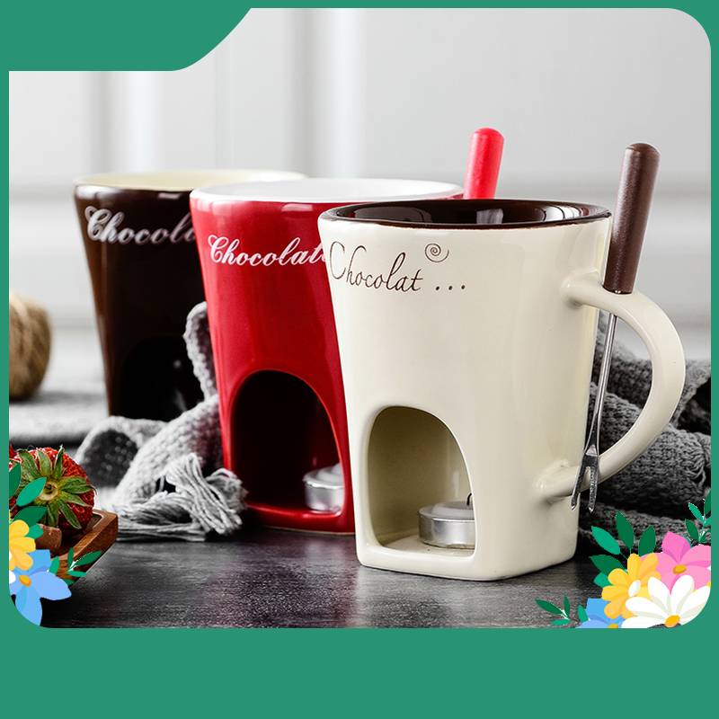 Mini Fondue Mug Set – Personal Ceramic Chocolate & Cheese Melting Pot with Fork (Beige, Coffee & Red)