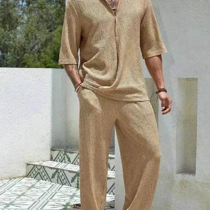 Men's Casual summer 2 piece Pant sets Short sleeved Top and Straight leg pant