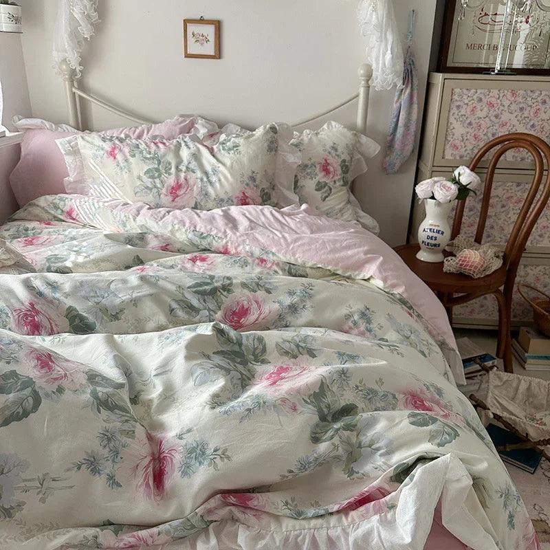 Princess Style Ruffled Pure Cotton Floral Duvet Cover Bedding Set
