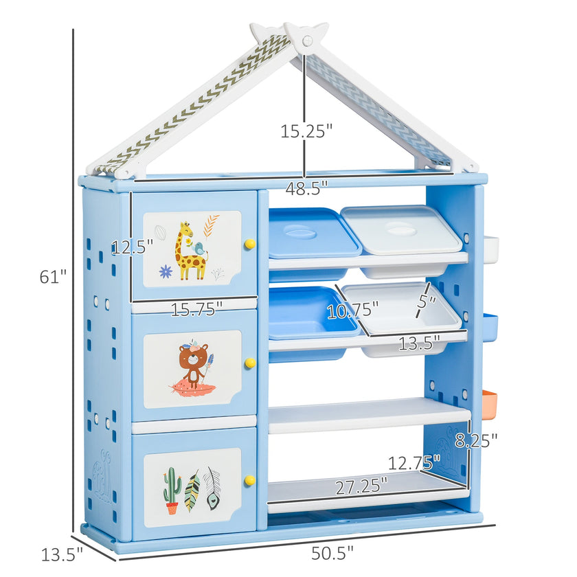 Qaba Kids Toy Storage Organiser, 3 Cabinets, 4 Bins, Bookshelf, ASTM Certified, Ages 3-8, Blue