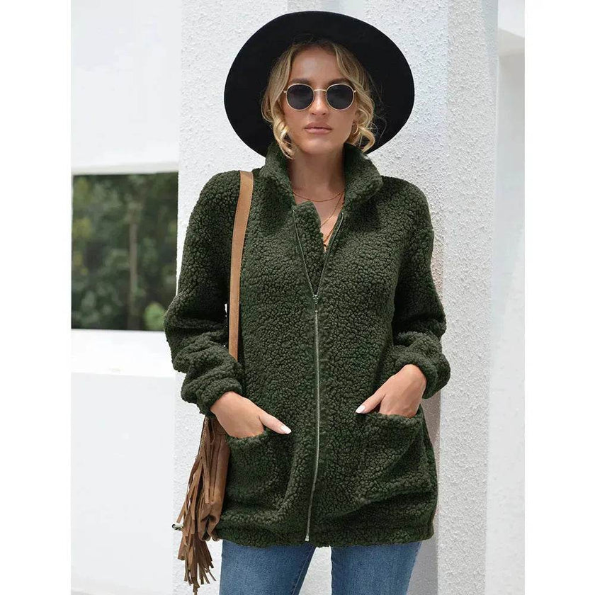 New Autumn Winter Zip up Plush Cardigan Sweater for Women